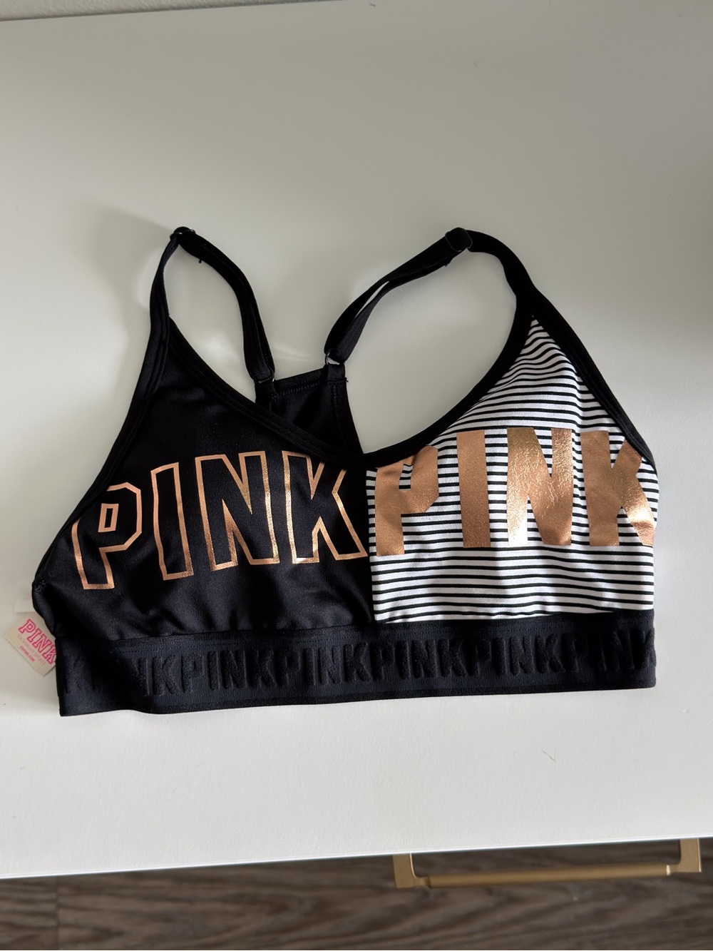 Victoria's Secret PINK Black & White Striped Sports Bra with Rose Gold Logo